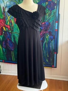 LAST CHANCE Midi Dress Floral Layered Asymmetric Top Accent Date Party Black